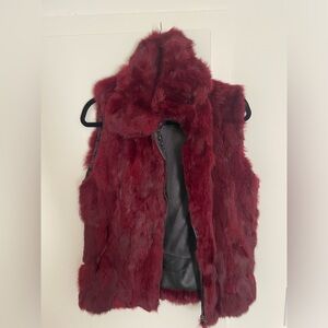 Dark Red Saks 100% Rabbit Fur Vest, M/L